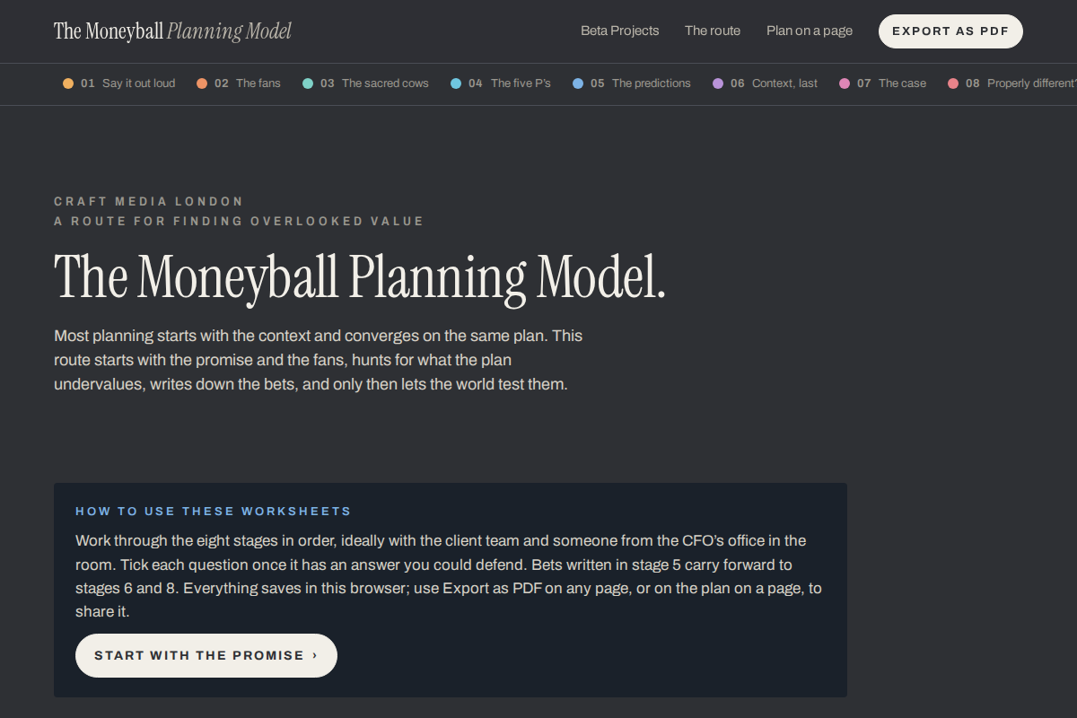 Preview of the Moneyball Planning Model landing page